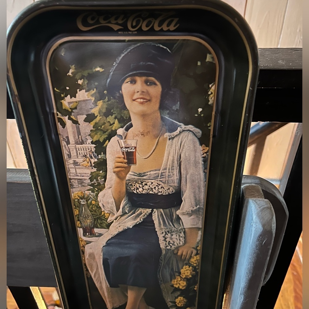 1973 Coke Tray Coca Cola Vintage Tin Rolling Serving Long Woman Glass Blue Hat